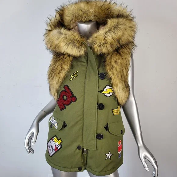 NWOT~$545~KINGSTAR~S/M~ARMY GREEN HOODED FAUX FOX RACCOON FUR PATCHES VEST COAT